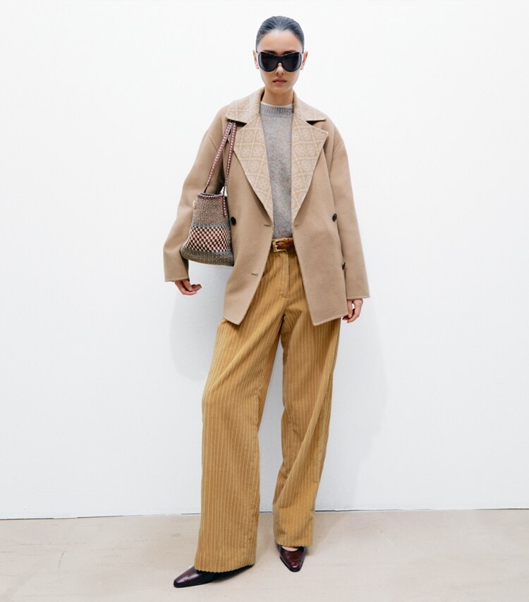 Tory Burch designer コート Tモノグラム ウール ピーコート in Timeless Khaki / T Monogram Combo I on model front