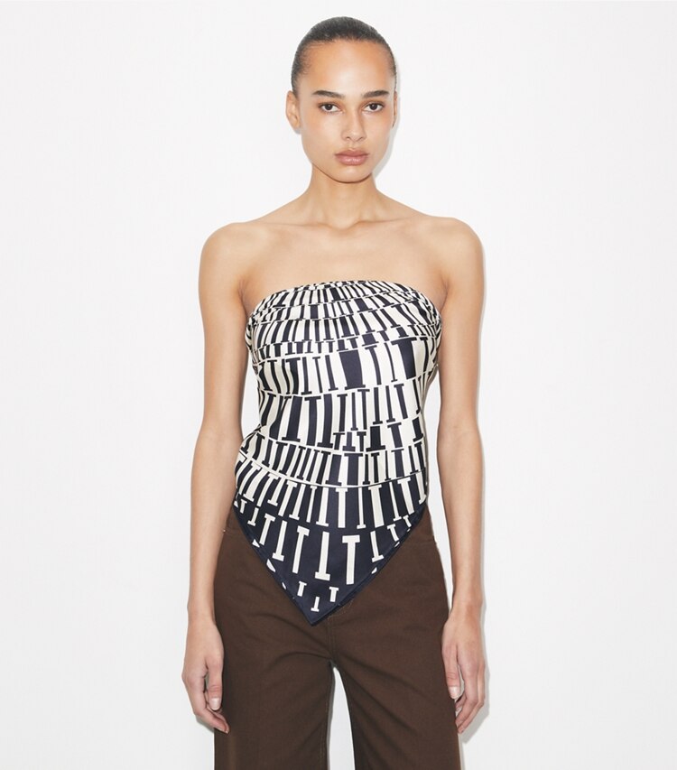 Tory Burch designer scarves T Circle Silk Square Scarf in Navy Circle T Silk Square accessory on model