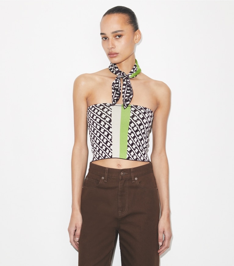 Tory Burch designer scarves T Link Silk Neckerchief in Green T Link accessory on model