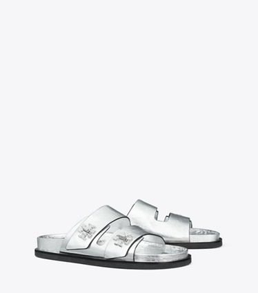 Tory Burch designer sandals T Lock Sport Slide in SILVER angle
