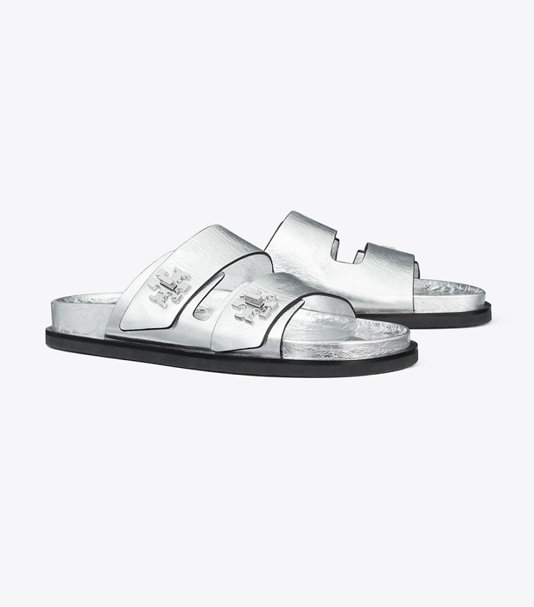 Tory Burch designer sandals T Lock Sport Slide in SILVER angle