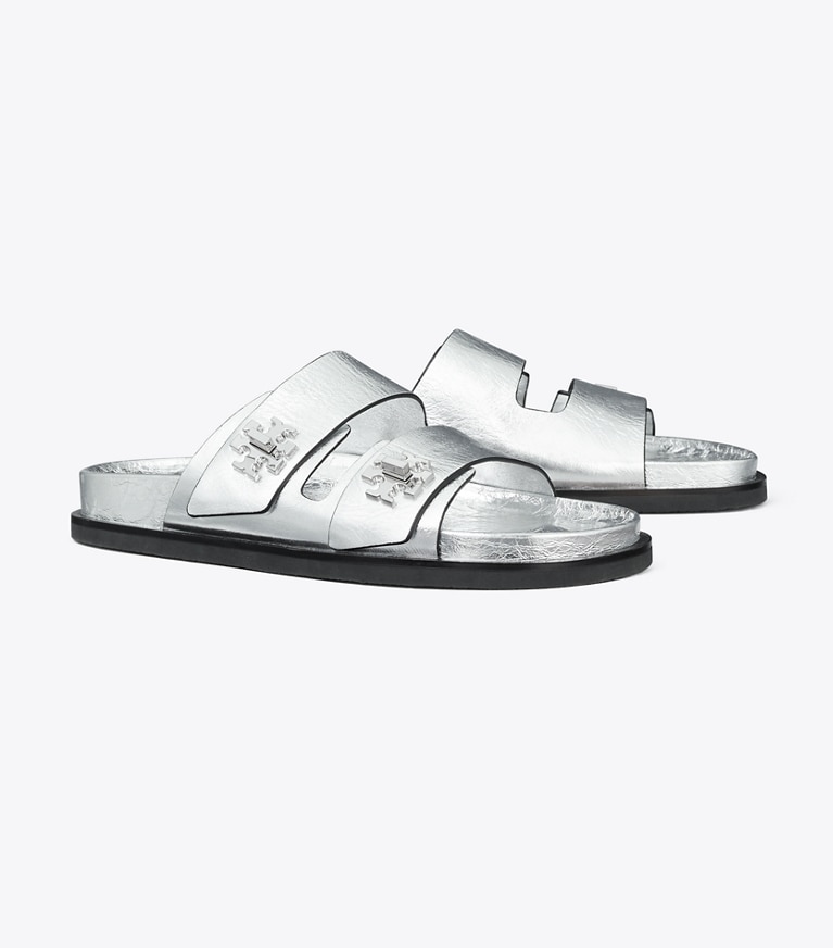 Tory Burch designer sandals T Lock Sport Slide in SILVER angle