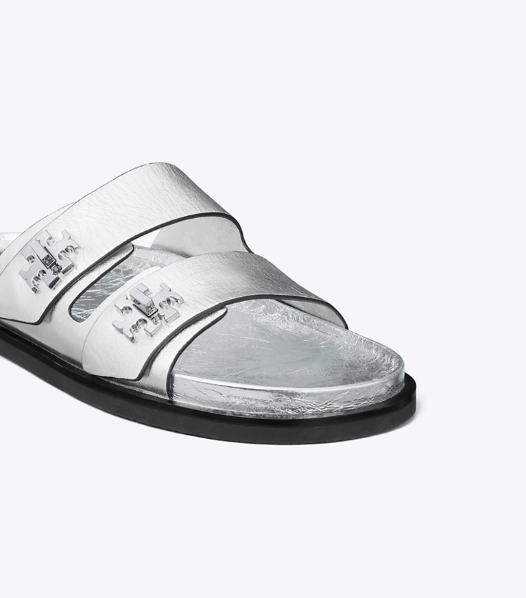 Tory Burch designer sandals T Lock Sport Slide in SILVER detail