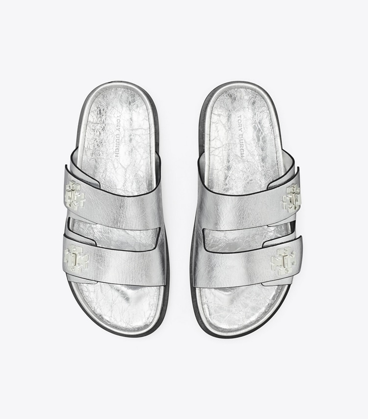Tory Burch designer sandals T Lock Sport Slide in SILVER overhead
