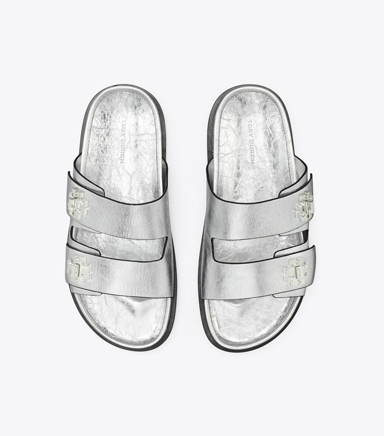 Tory Burch designer sandals T Lock Sport Slide in SILVER overhead