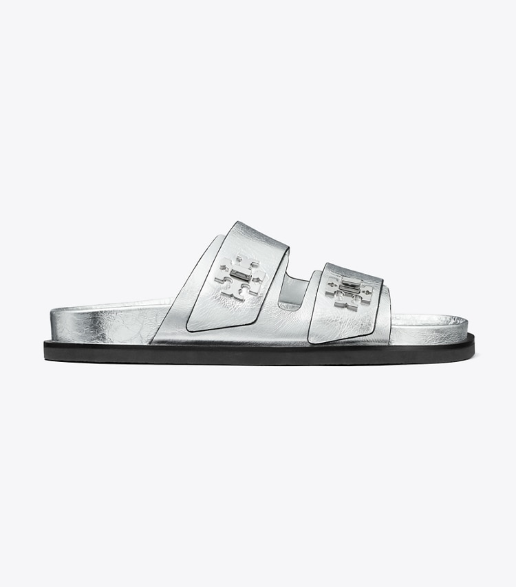 Tory Burch designer sandals T Lock Sport Slide in SILVER side