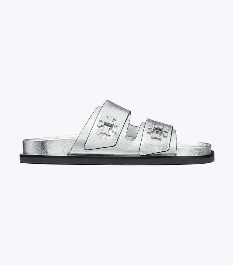 Tory Burch designer sandals T Lock Sport Slide in SILVER side