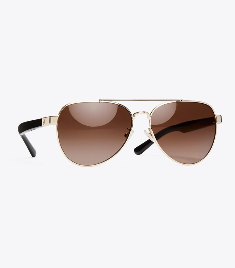 Tory Burch designer sunglasses & eyewear T-Logo Pilot Sunglasses, Polarized Lenses in Black/Gold detail