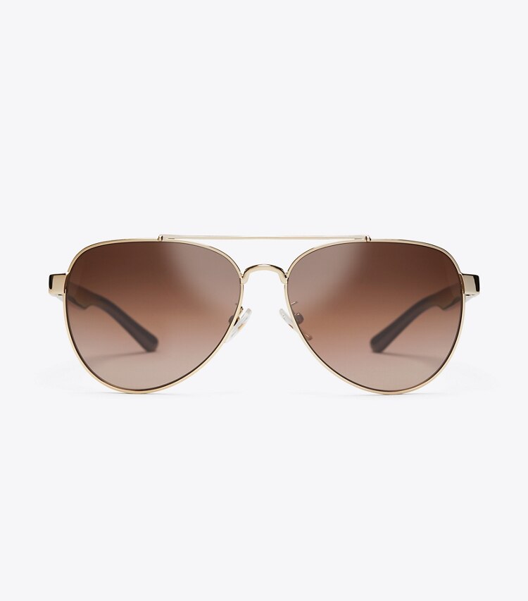 Tory Burch designer sunglasses & eyewear T-Logo Pilot Sunglasses, Polarized Lenses in Black/Gold front