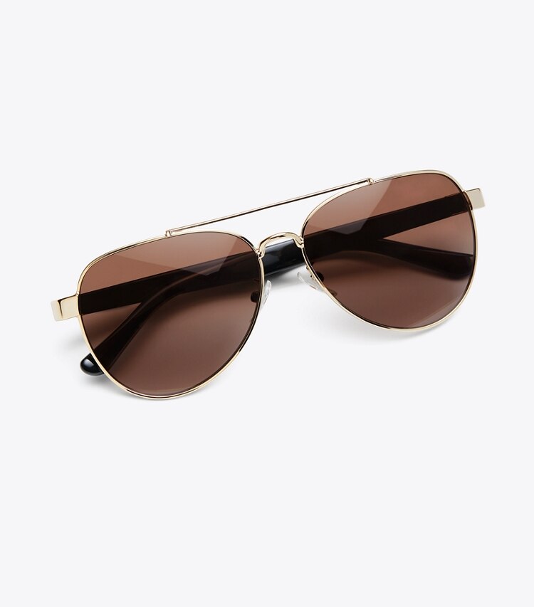 Tory Burch designer sunglasses & eyewear T-Logo Pilot Sunglasses, Polarized Lenses in Black/Gold overhead