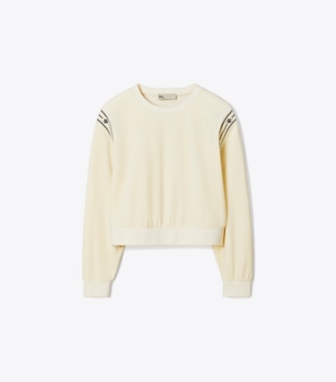 Tory Burch designer sweaters T Logo Velour Crewneck in New Ivory front