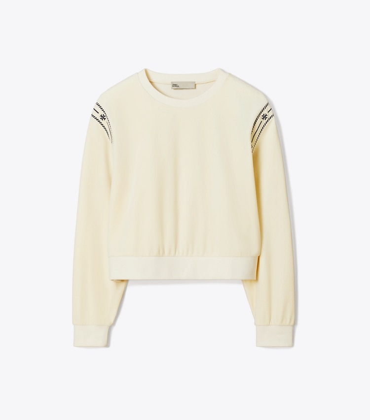 Tory Burch designer sweaters T Logo Velour Crewneck in New Ivory front