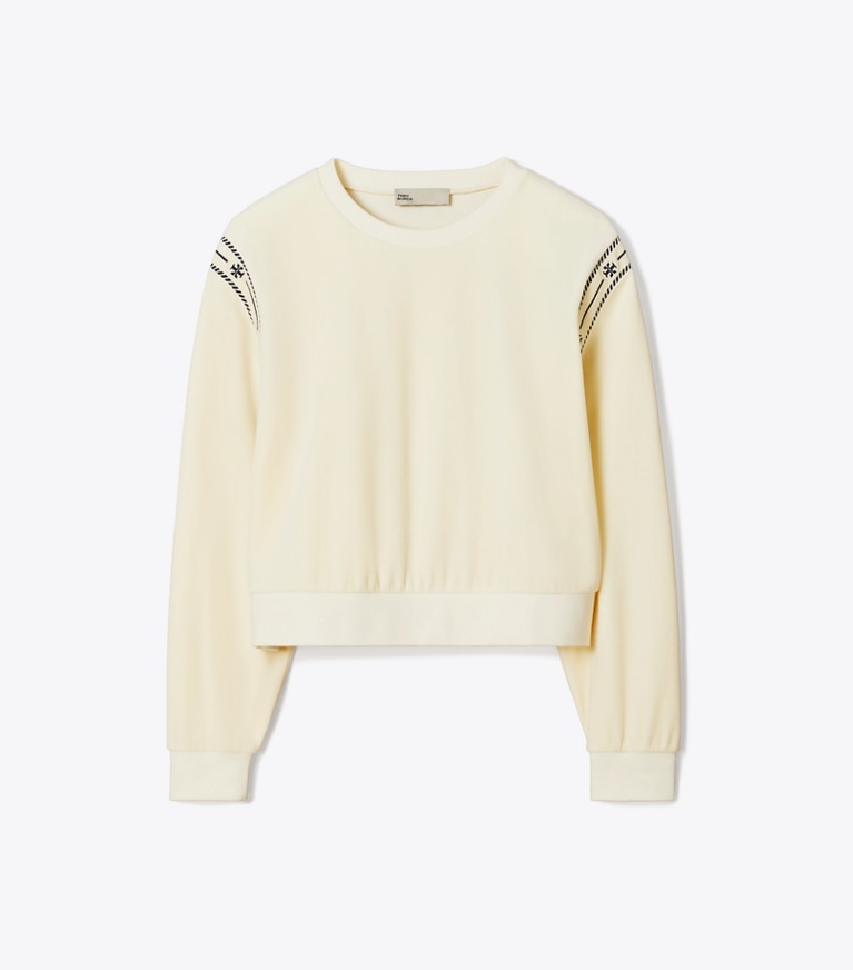 Tory Burch designer sweaters T Logo Velour Crewneck in New Ivory front