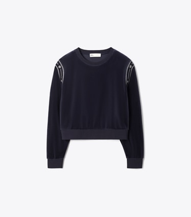 Tory Burch designer sweaters T Logo Velour Crewneck in Medium Navy front