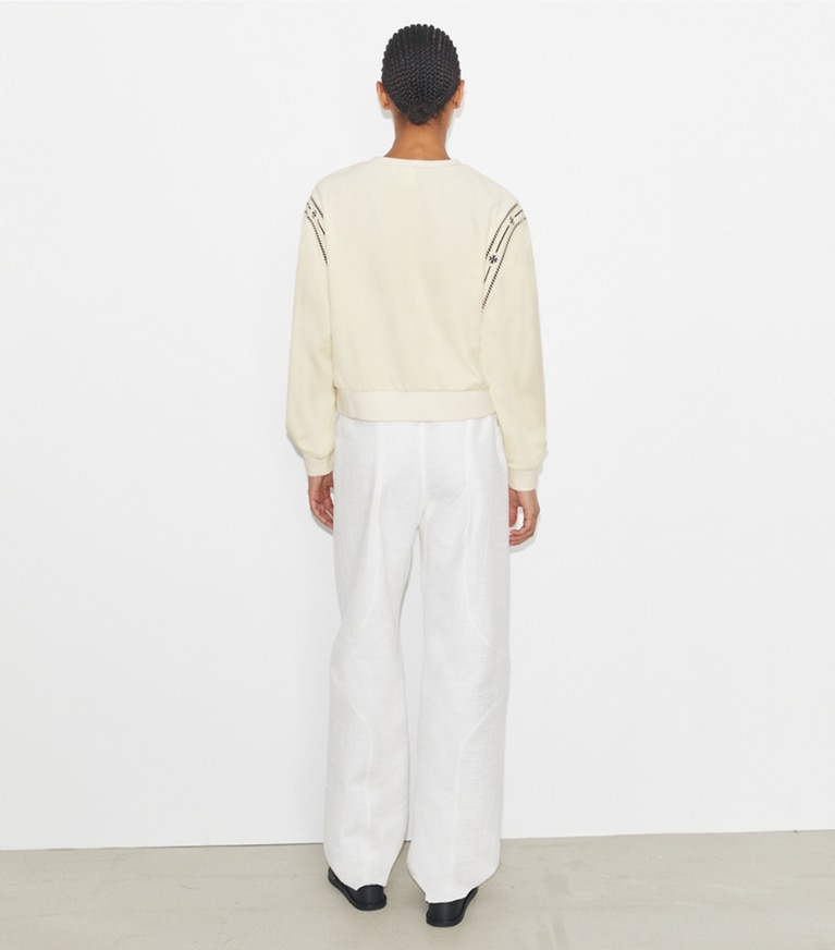 Tory Burch designer sweaters T Logo Velour Crewneck in New Ivory on model back