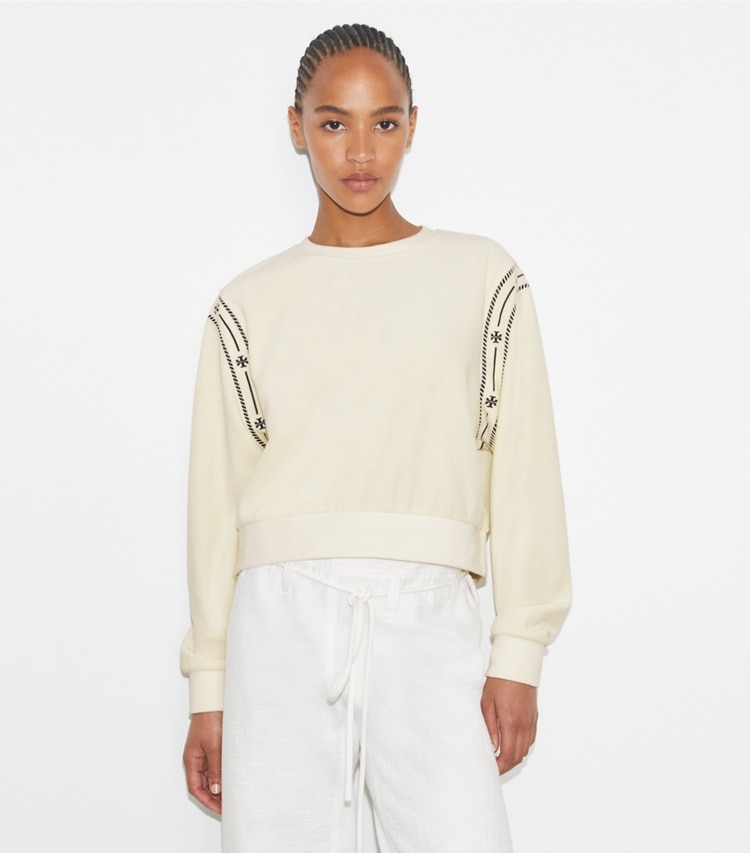 Tory Burch designer sweaters T Logo Velour Crewneck in New Ivory on model detail