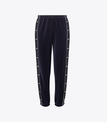 Tory Burch designer bottoms T Logo Velour Jogger in Medium Navy front