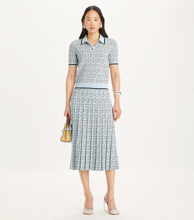 Tory Burch designer ボトムス Tロゴ レーヨン スカート in Blue T Logo Drop Shadow モデル前面