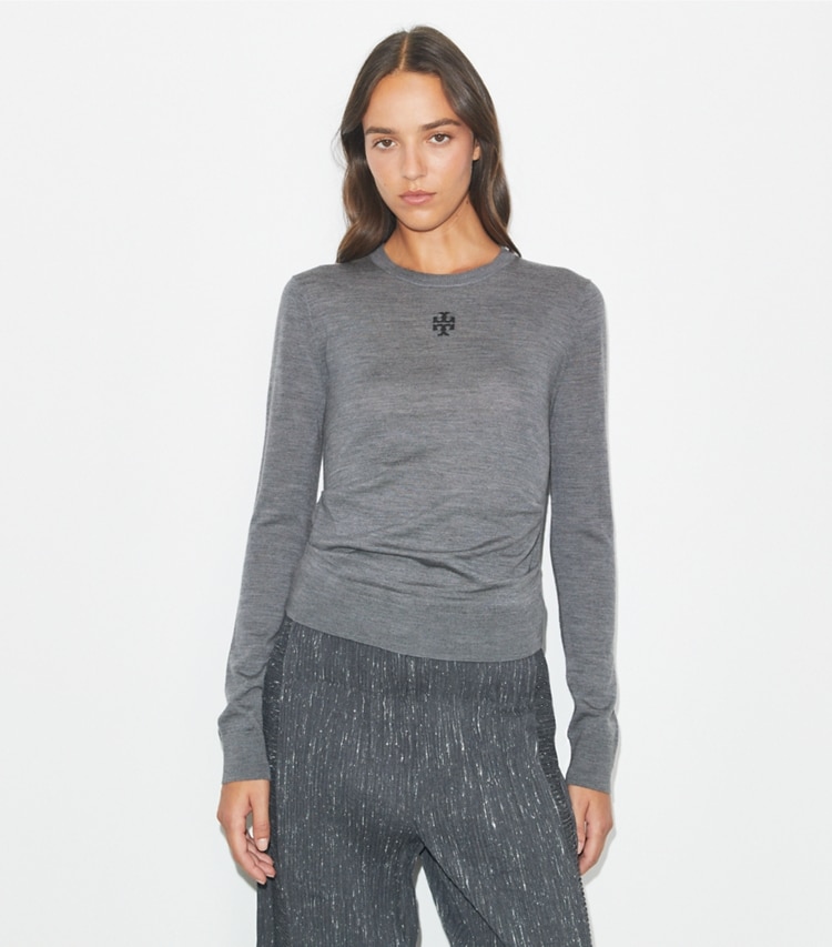 Tory Burch designer sweaters T Logo Wool Sweater in Frosted Gray Melange on model detail