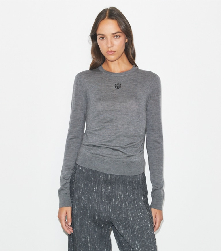 Tory Burch designer sweaters T Logo Wool Sweater in Frosted Gray Melange front