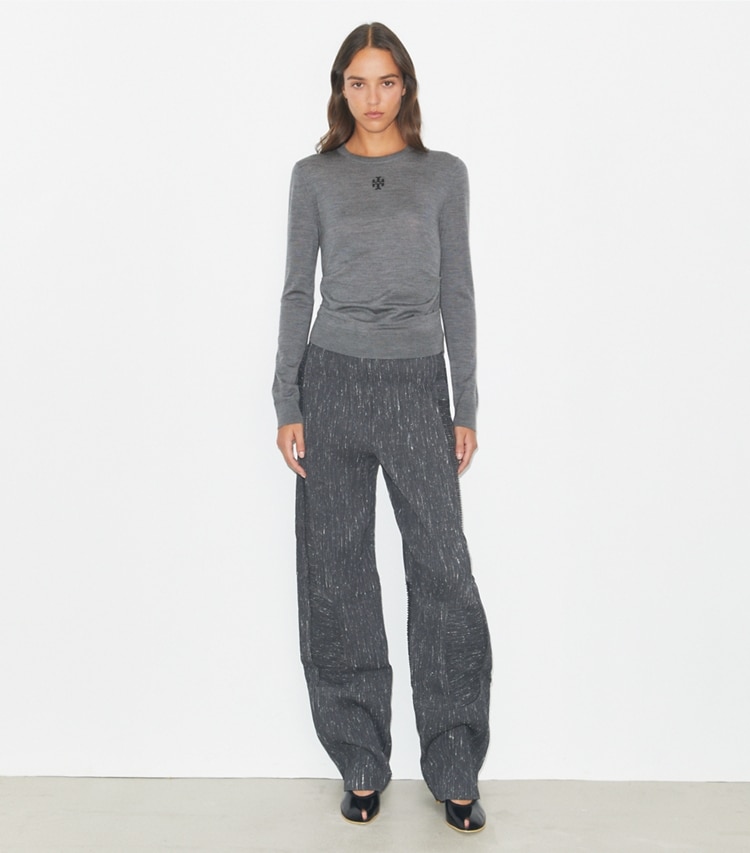 Tory Burch designer sweaters T Logo Wool Sweater in Frosted Gray Melange on model front