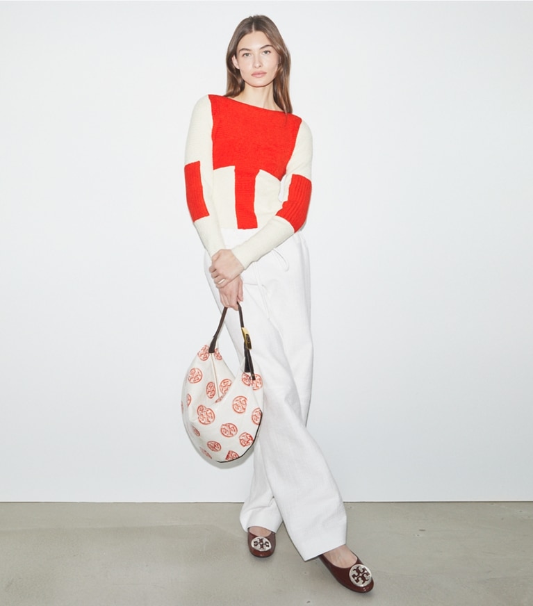 Tory Burch designer hobo bags T Monogram Balloon Bag in White / Pepperoncini angle