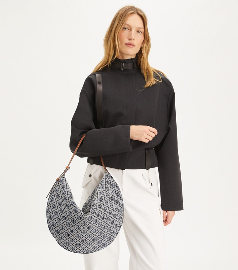 Tory Burch designer hobo bags T Monogram Balloon Bag in Tory Navy angle