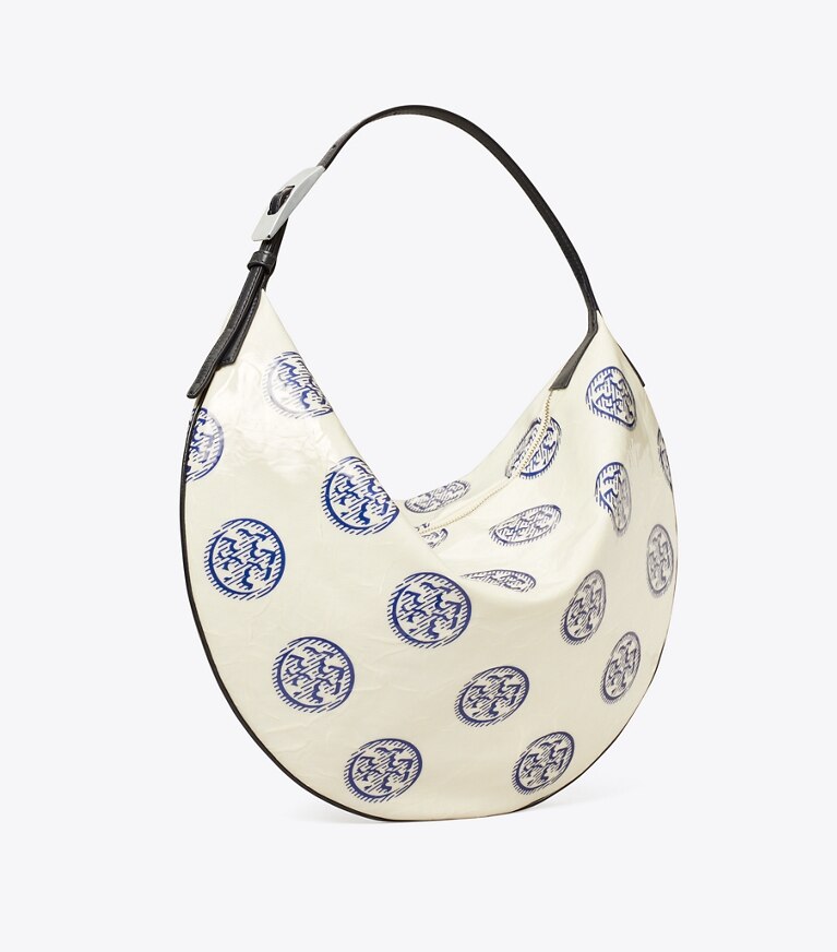Tory Burch designer hobo bags T Monogram Balloon Bag in White / Ballpoint Blue angle
