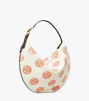 Tory Burch designer hobo bags T Monogram Balloon Bag in White / Pepperoncini angle