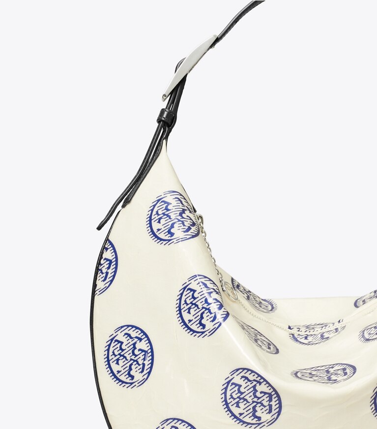 Tory Burch designer hobo bags T Monogram Balloon Bag in White / Ballpoint Blue angle