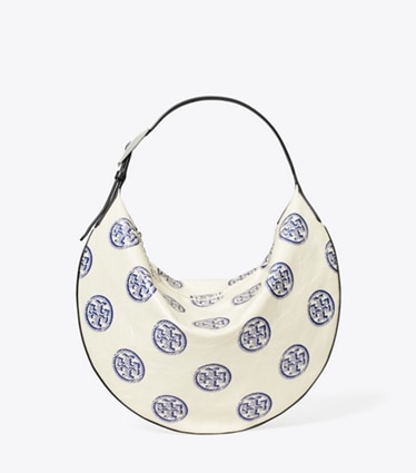 Tory Burch designer hobo bags T Monogram Balloon Bag in White / Ballpoint Blue front