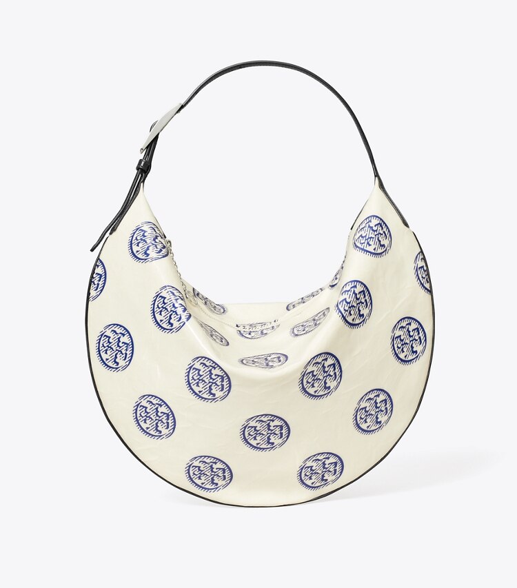 Tory Burch designer hobo bags T Monogram Balloon Bag in White / Ballpoint Blue front