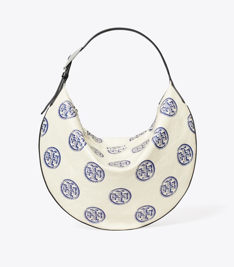 Tory Burch designer hobo bags T Monogram Balloon Bag in White / Ballpoint Blue angle
