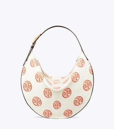Tory Burch designer hobo bags T Monogram Balloon Bag in White / Pepperoncini front