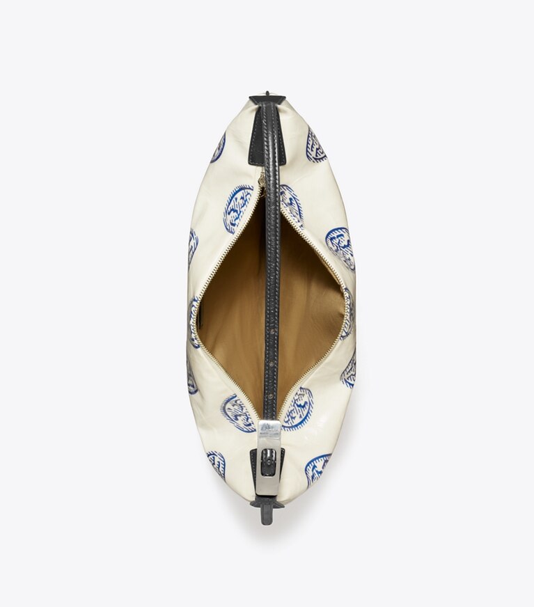 Tory Burch designer hobo bags T Monogram Balloon Bag in White / Ballpoint Blue angle