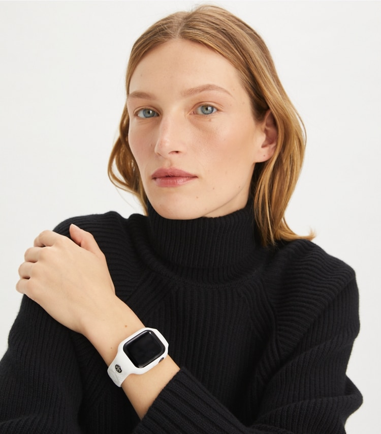 Tory Burch designer watches tory track smart watches T Monogram Band for Apple Watch® in WHITE accessory on model
