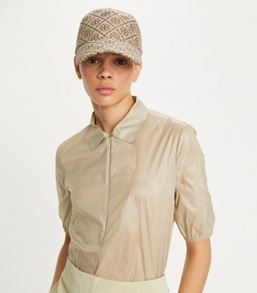 Tory Burch designer hats T Monogram Baseball Cap in Hazelnut accessory on model