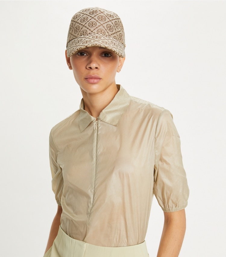 Tory Burch designer hats T Monogram Baseball Cap in Hazelnut accessory on model