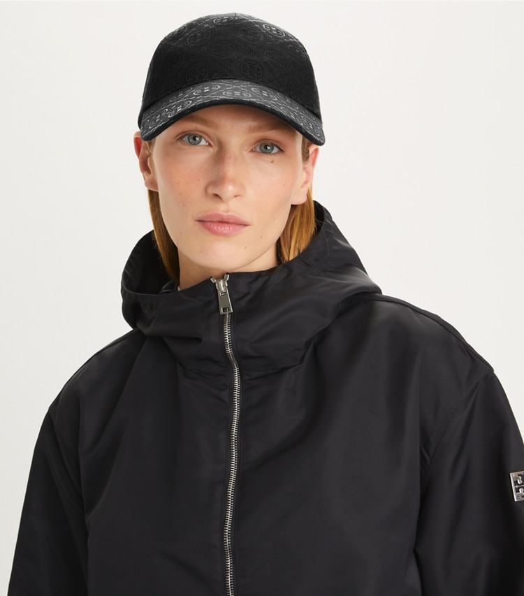 Tory Burch designer hats T Monogram Baseball Hat in Black accessory on model