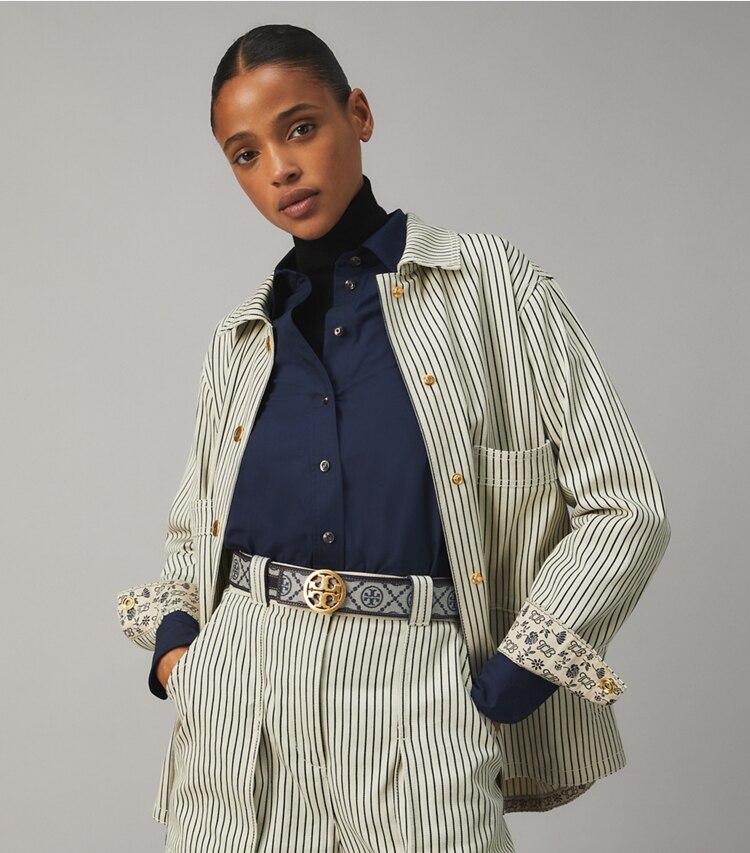 Tory Burch designer belts T Monogram Belt in Goldfinch accessory on model