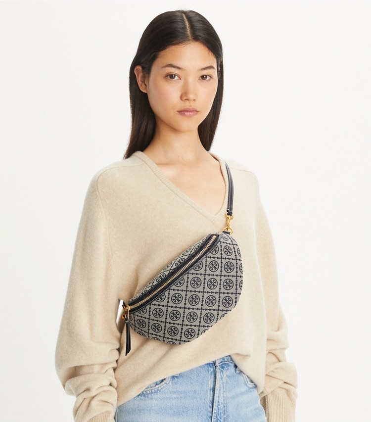 Tory Burch designer belt bags T Monogram Belt Bag in Tory Navy accessory on model
