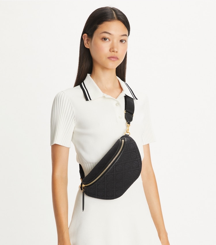 Tory Burch designer belt bags T Monogram Belt Bag in Black accessory on model