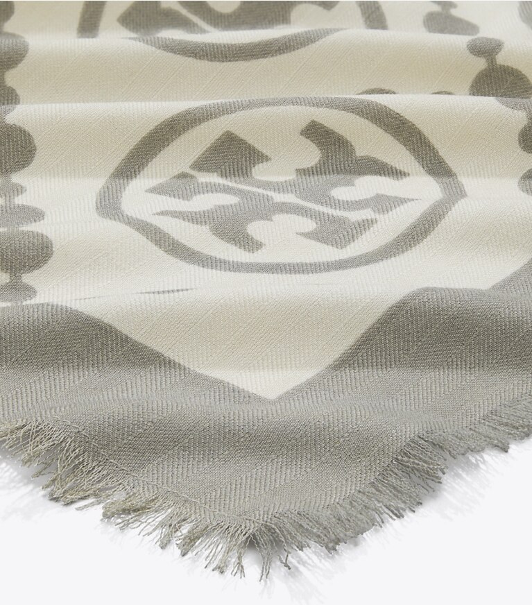 Tory Burch designer scarves T Monogram Bordered Oblong Scarf in T Monogram Bordered Oblong - Gray overhead