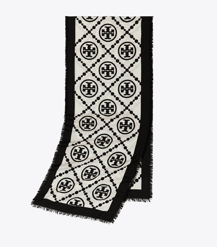 Tory Burch designer scarves T Monogram Bordered Oblong Scarf in T Monogram Bordered Oblong - Black folded