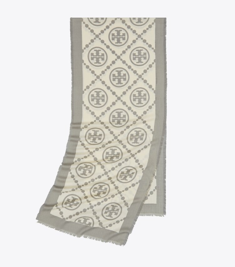 Tory Burch designer scarves T Monogram Bordered Oblong Scarf in T Monogram Bordered Oblong - Gray folded