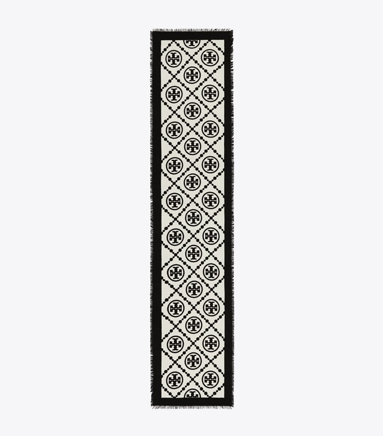 Tory Burch designer scarves T Monogram Bordered Oblong Scarf in T Monogram Bordered Oblong - Black overhead