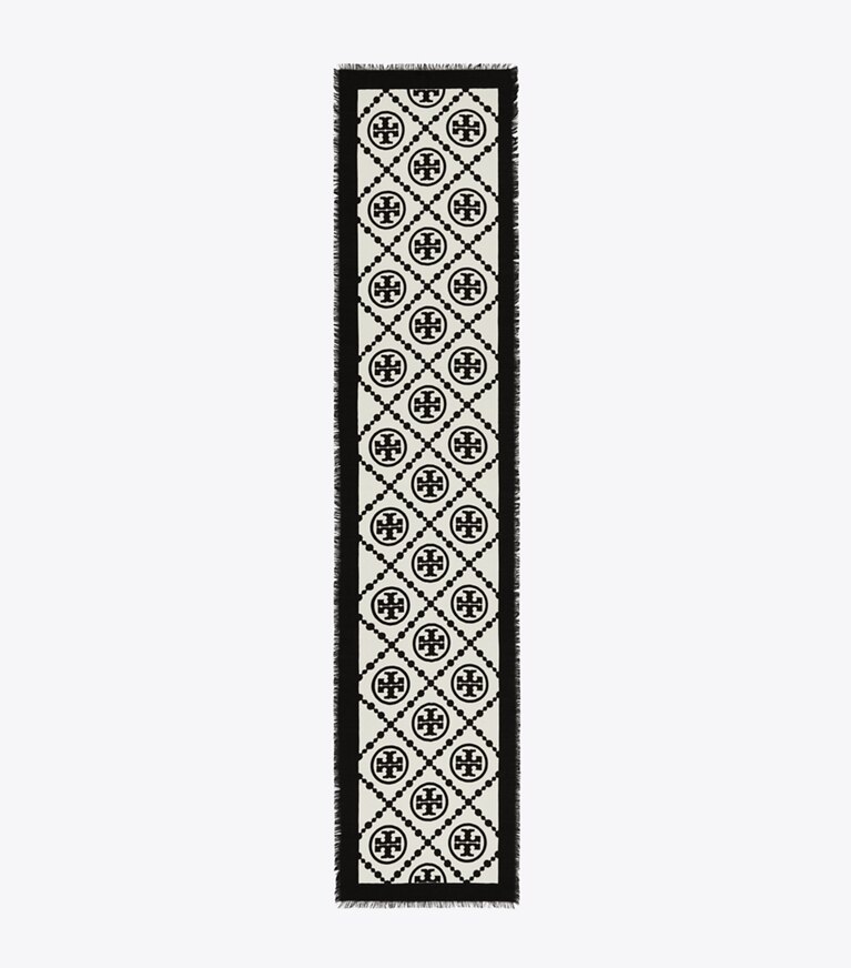 Tory Burch designer scarves T Monogram Bordered Oblong Scarf in T Monogram Bordered Oblong - Black overhead