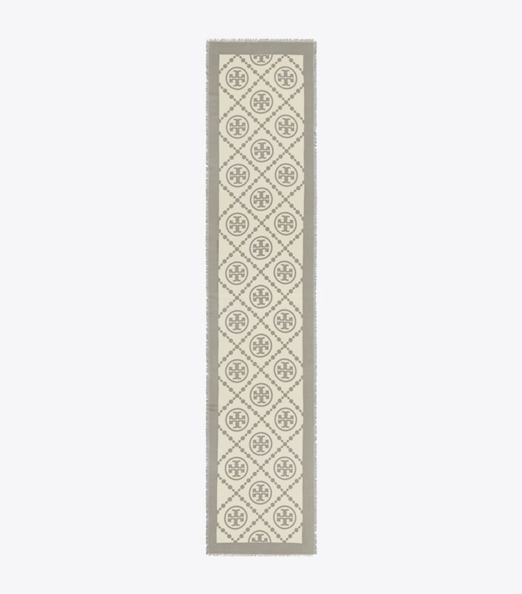 Tory Burch designer scarves T Monogram Bordered Oblong Scarf in T Monogram Bordered Oblong - Gray overhead