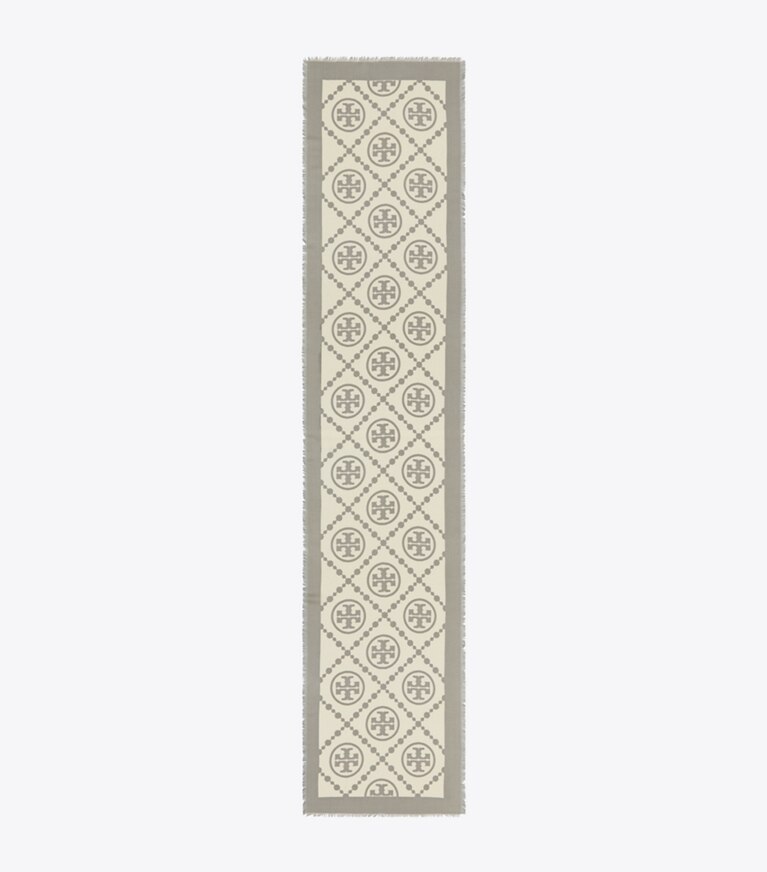 Tory Burch designer scarves T Monogram Bordered Oblong Scarf in T Monogram Bordered Oblong - Gray overhead