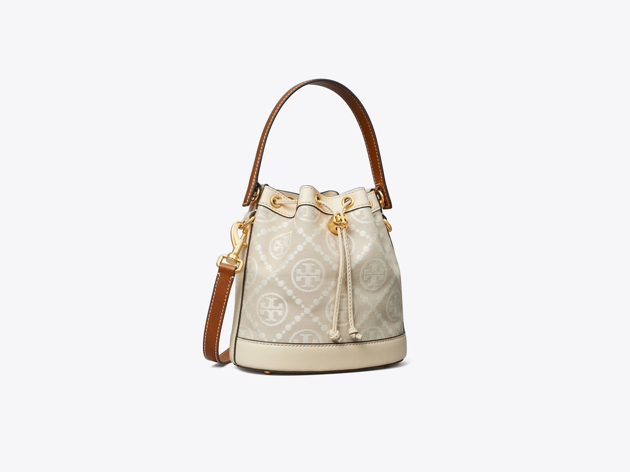 Tory Burch T Monogram Perforated Leather Bucket Bag New Ivory
